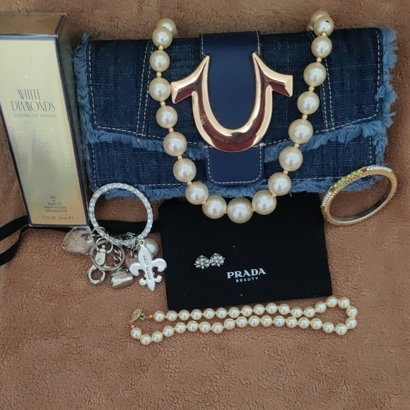 Denim Clutch with Gold Accent and Pearl Jewelry - Picture 2 of 16
